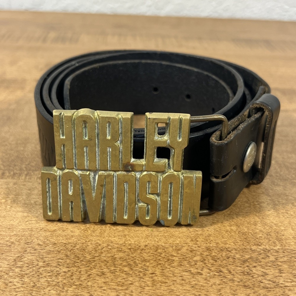 Vintage Harley Davidson Black Belt & Brass Belt Buckle Size 42 Genuine Leather